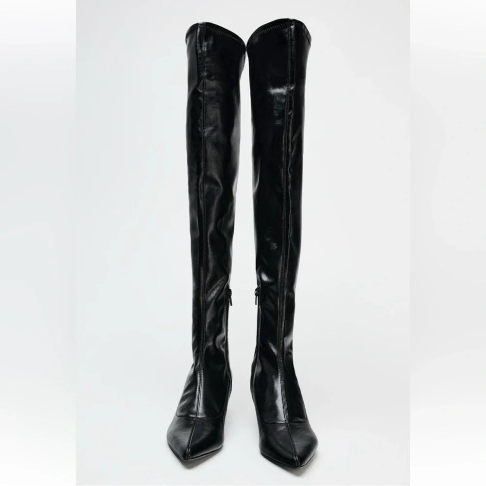 Zara | Shiny Black Over the Knee Boots